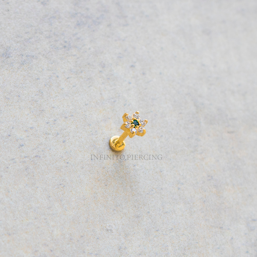 LABRET FLOR ESMERALDA MOISSANITA ORO 18K