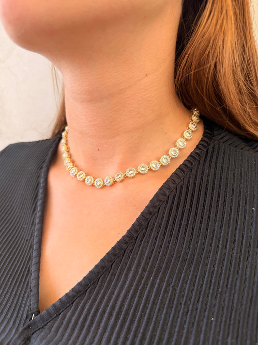 JUEGO COLLAR Y ARETES  ZIRCONIA DORADO